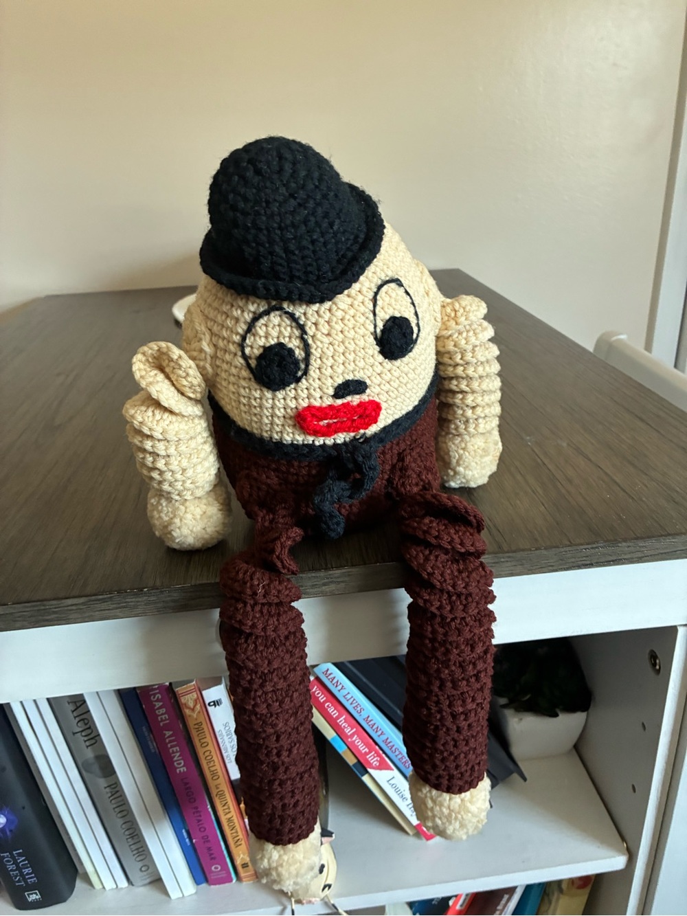 Handmade Humpty Dumpty Crocheted Stuffed Doll Long Legs Black Hat